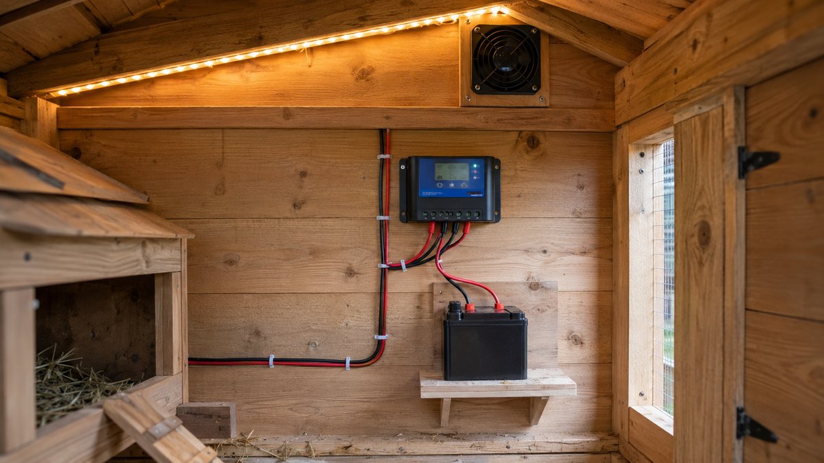 Interior utility wall showing charge controller, battery, LED strip, ventilation fan, and neat wiring
