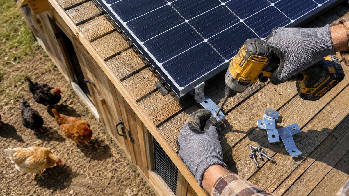 Hands in work gloves drilling Z-brackets to mount a solar panel on a chicken coop roof with hens below