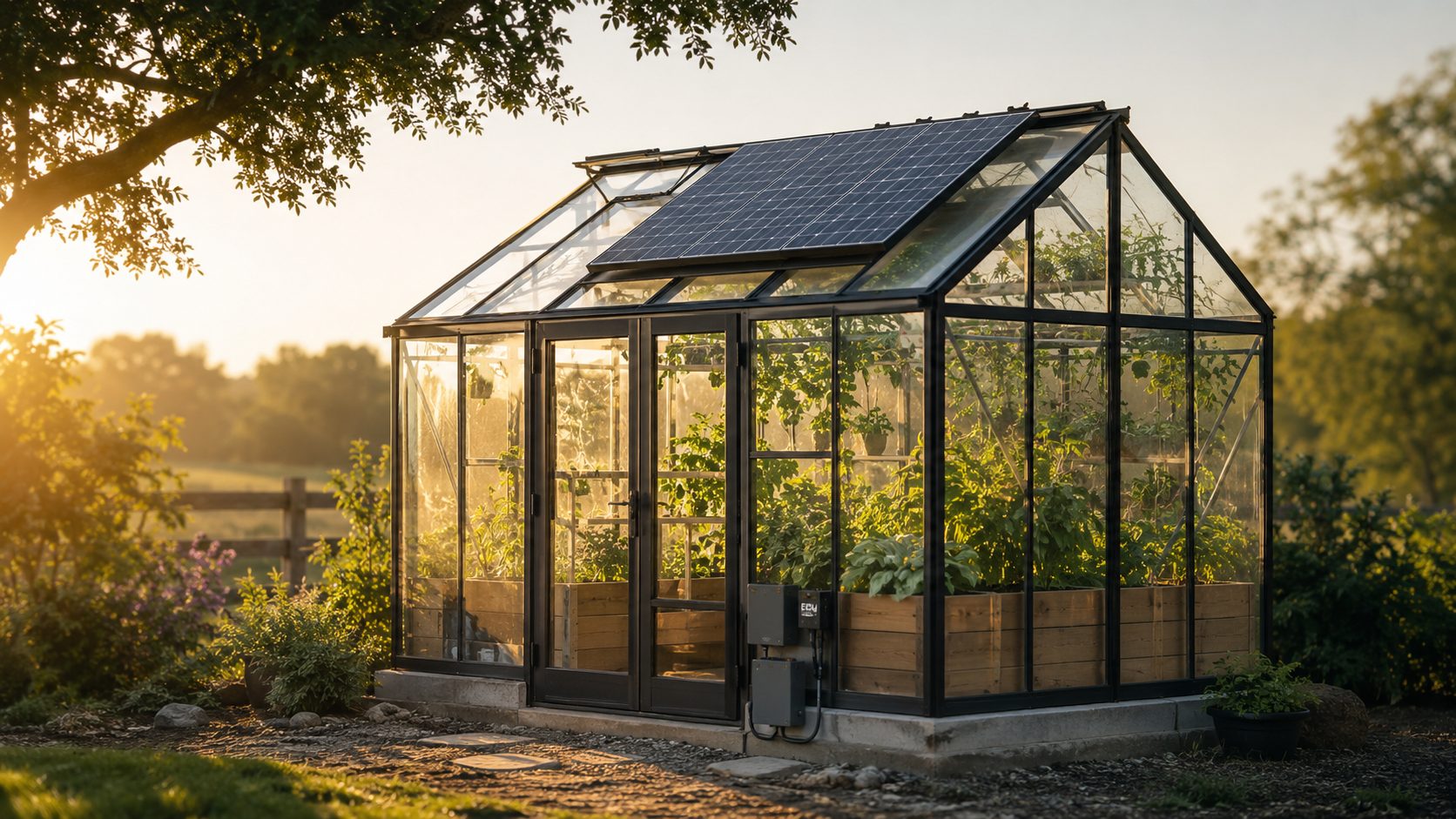 Solar-powered greenhouse with panel on roof and ventilation fan