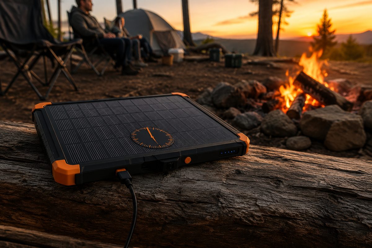 BioLite SolarPanel 10+ with sundial alignment indicator and orange accents on a log beside a campfire