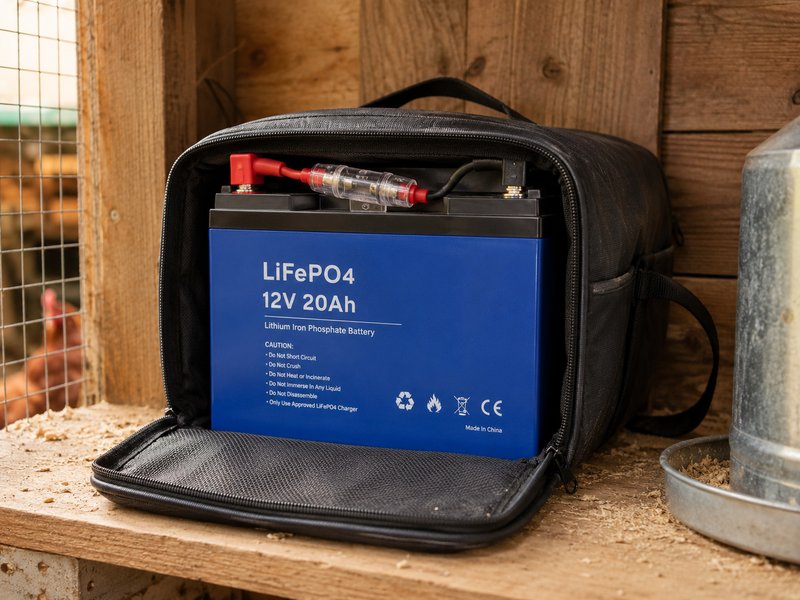 12V 20Ah LiFePO4 battery in a weatherproof bag on a coop shelf with inline fuse visible