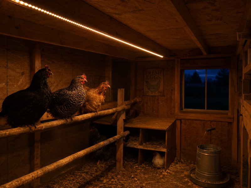 Warm white LED strip lighting a chicken coop interior with hens on roosting bars at pre-dawn