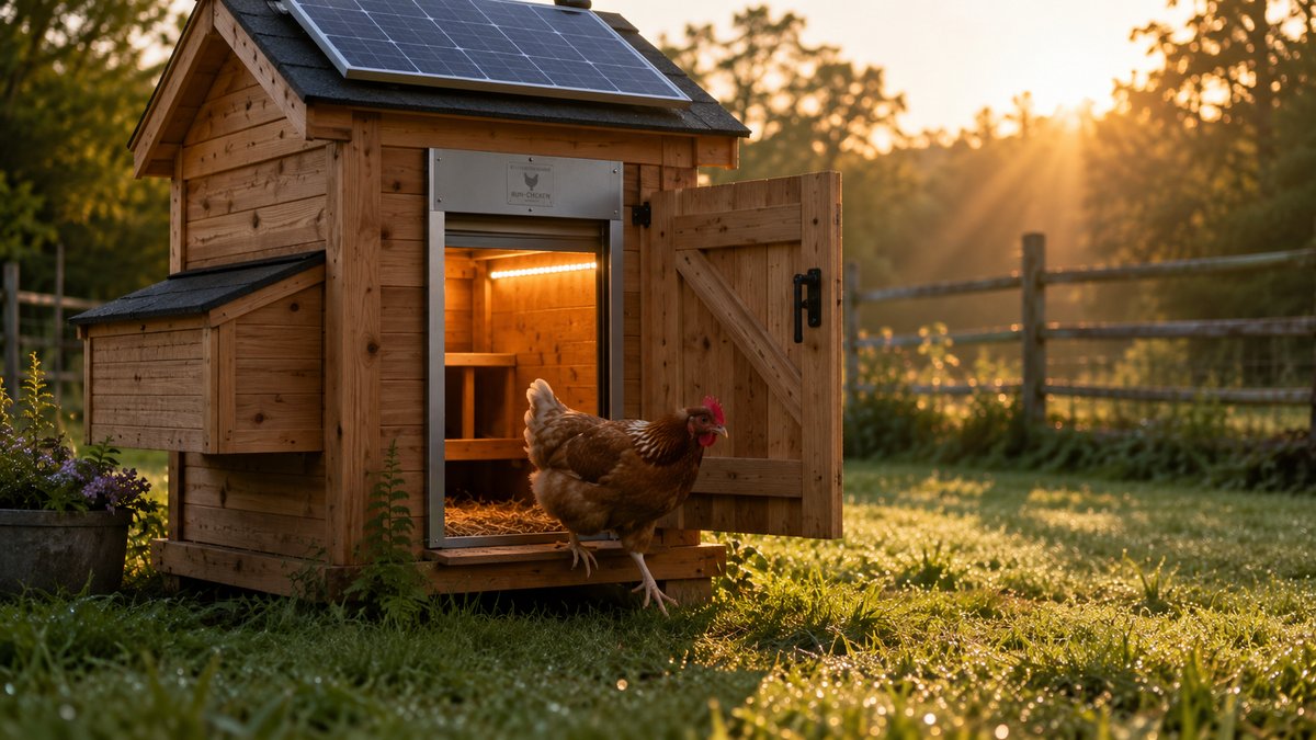 Solar chicken coop at sunrise with LED glow visible inside and a hen stepping out