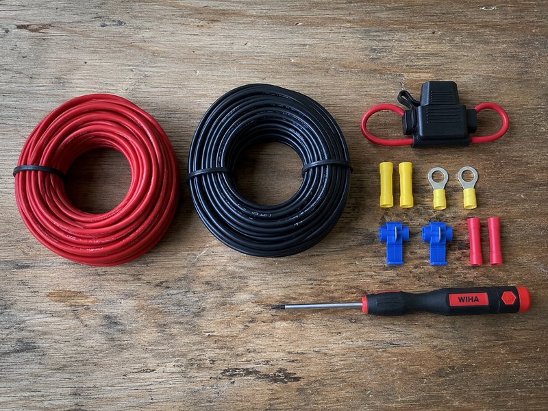 Flat lay of 14 AWG red and black wire, inline fuse holder, connectors, and screwdriver