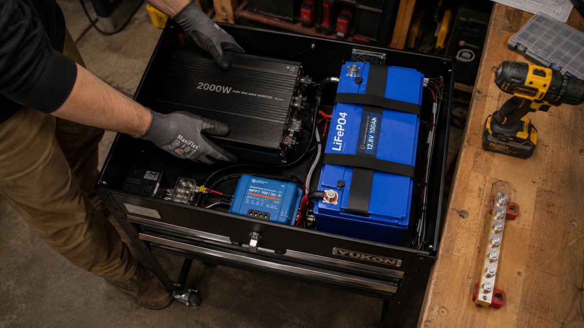 Overhead view of hands placing inverter into rolling toolbox next to LiFePO4 battery and MPPT controller