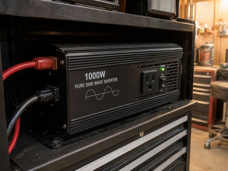 1000W pure sine wave inverter mounted on shelf inside rolling toolbox with green power LED lit
