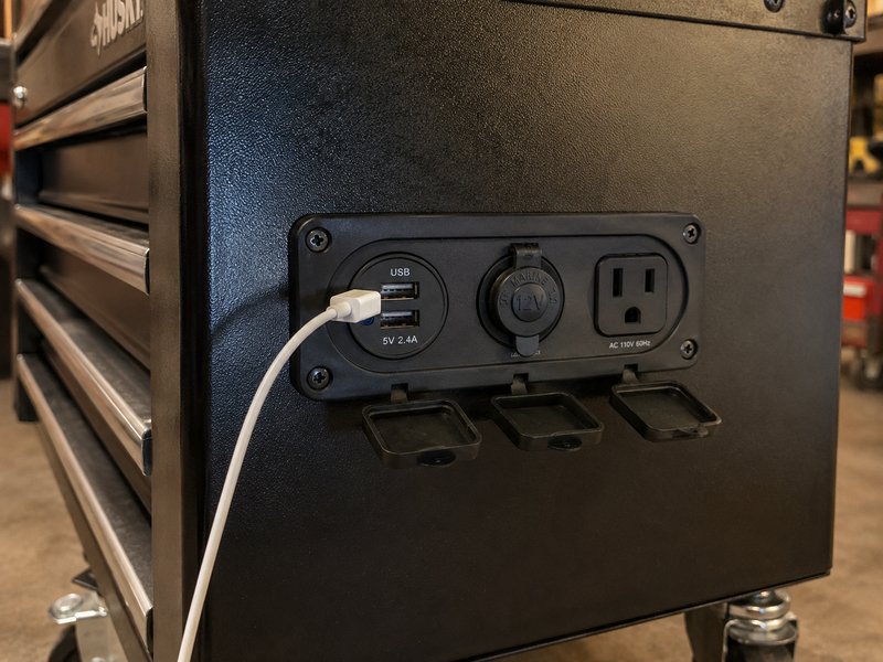 Marine-grade flush-mount outlet panel on rolling toolbox with USB, 12V, and AC ports, phone cable plugged in
