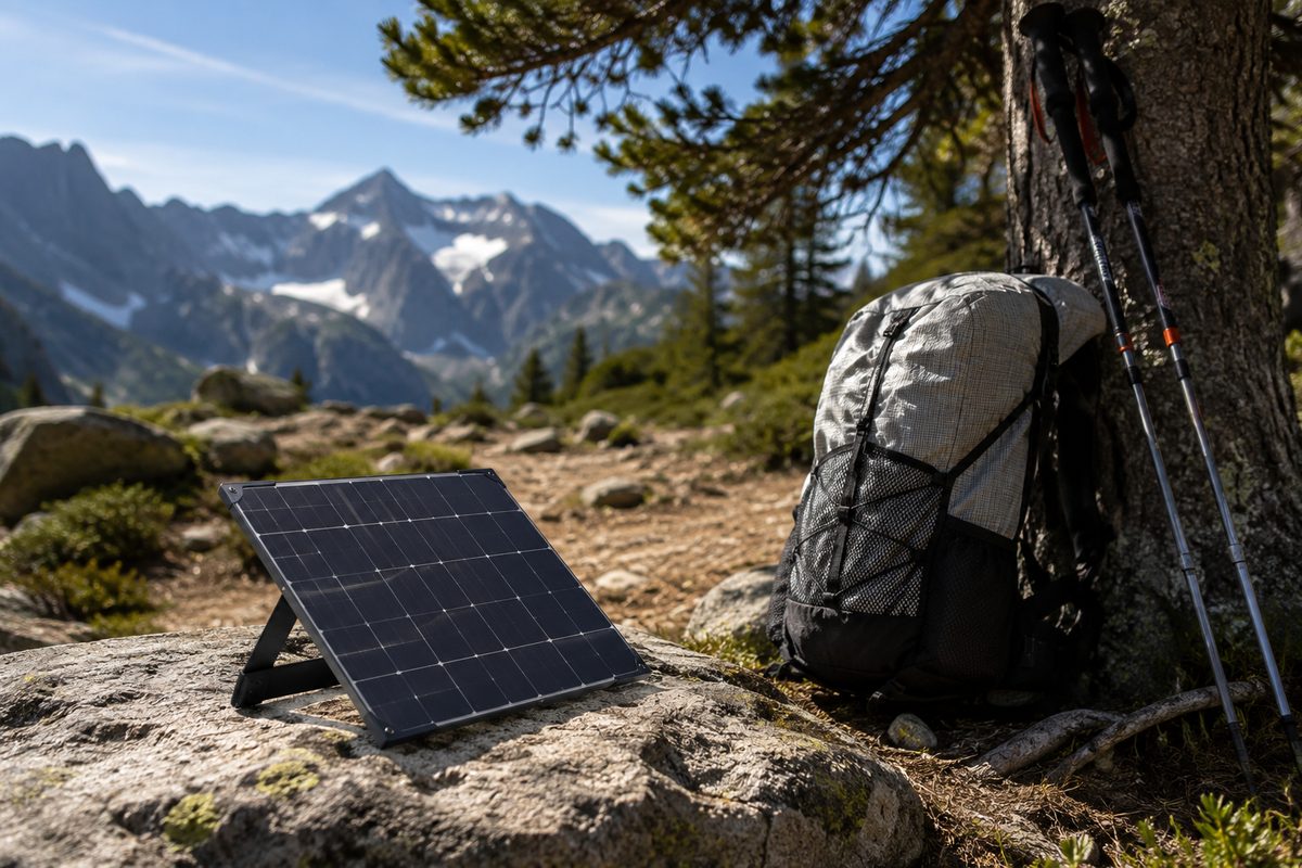 Goal Zero Nomad 10 small solar panel with built-in kickstand on a rock beside an ultralight hiking backpack