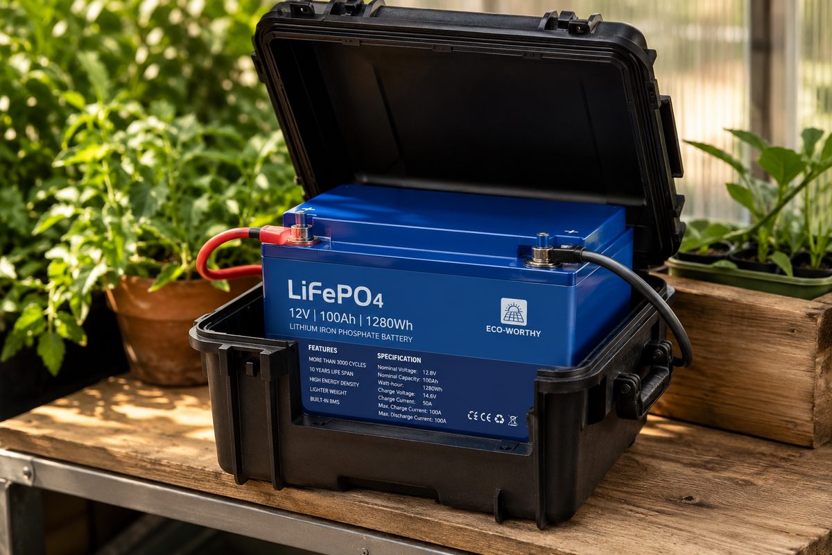 LiFePO4 12V battery in a waterproof case on a greenhouse shelf with plants in background