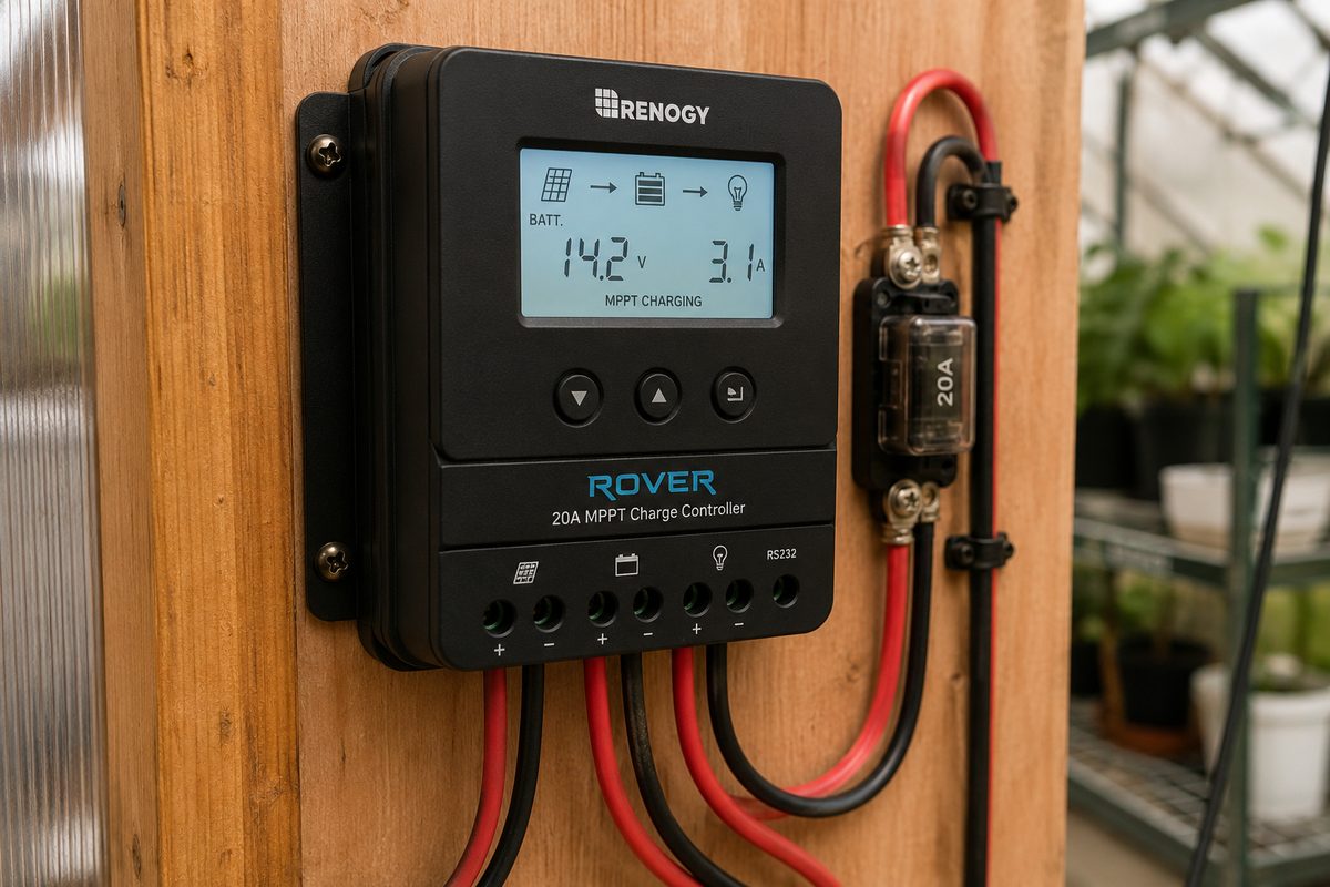 Renogy Rover 20A MPPT charge controller mounted on a greenhouse wall showing 14.2V charging