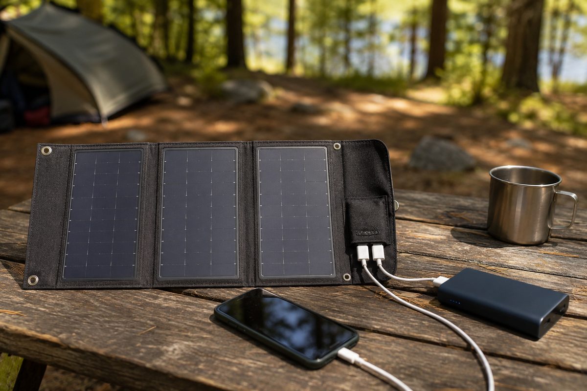 Nekteck 28W three-panel solar charger on a campground picnic table charging a phone and power bank