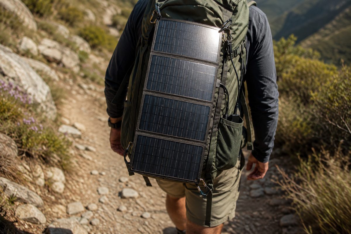 Foldable solar panel clipped to the back of a hiking backpack with carabiners while walking a sunny trail