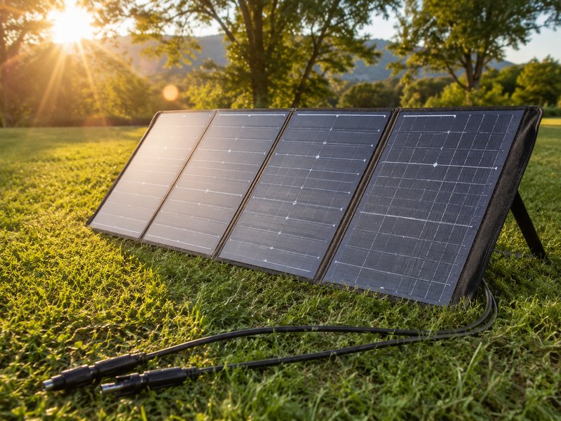 100W foldable solar panel deployed on grass in golden light