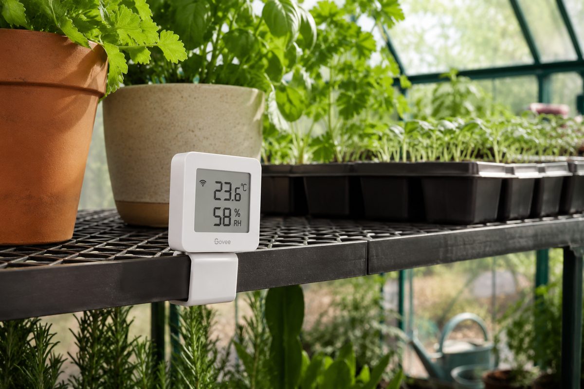 Govee WiFi temperature and humidity sensor clipped to a greenhouse shelf surrounded by herbs
