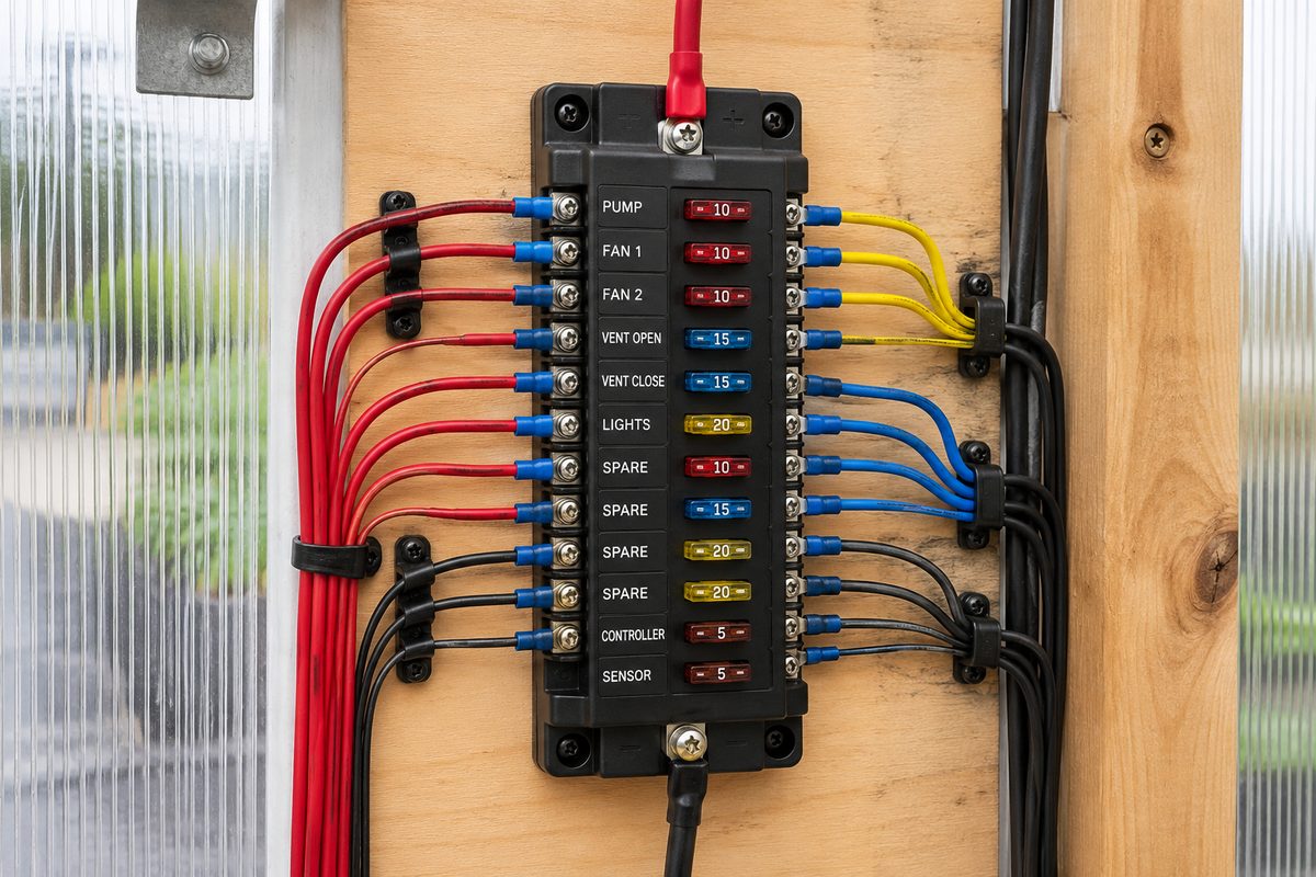 Labeled 12-circuit fuse block with color-coded wiring mounted inside a greenhouse