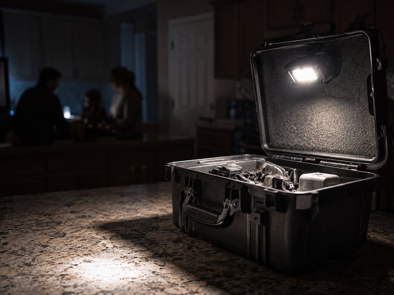 LED work light attached to an open case lid illuminating a dark kitchen during a power outage
